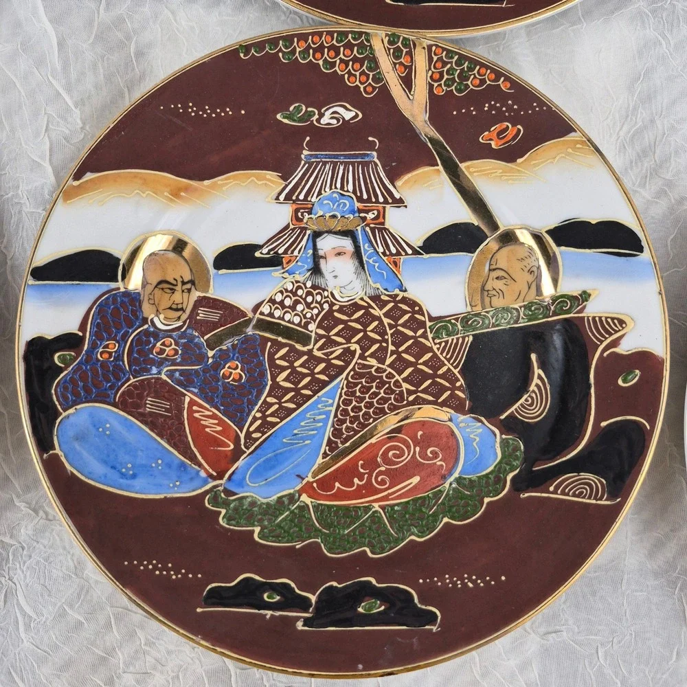 Vintage Japanese Satsuma Moriage Plates Set of 6 Hand Painted Immortals 7.25